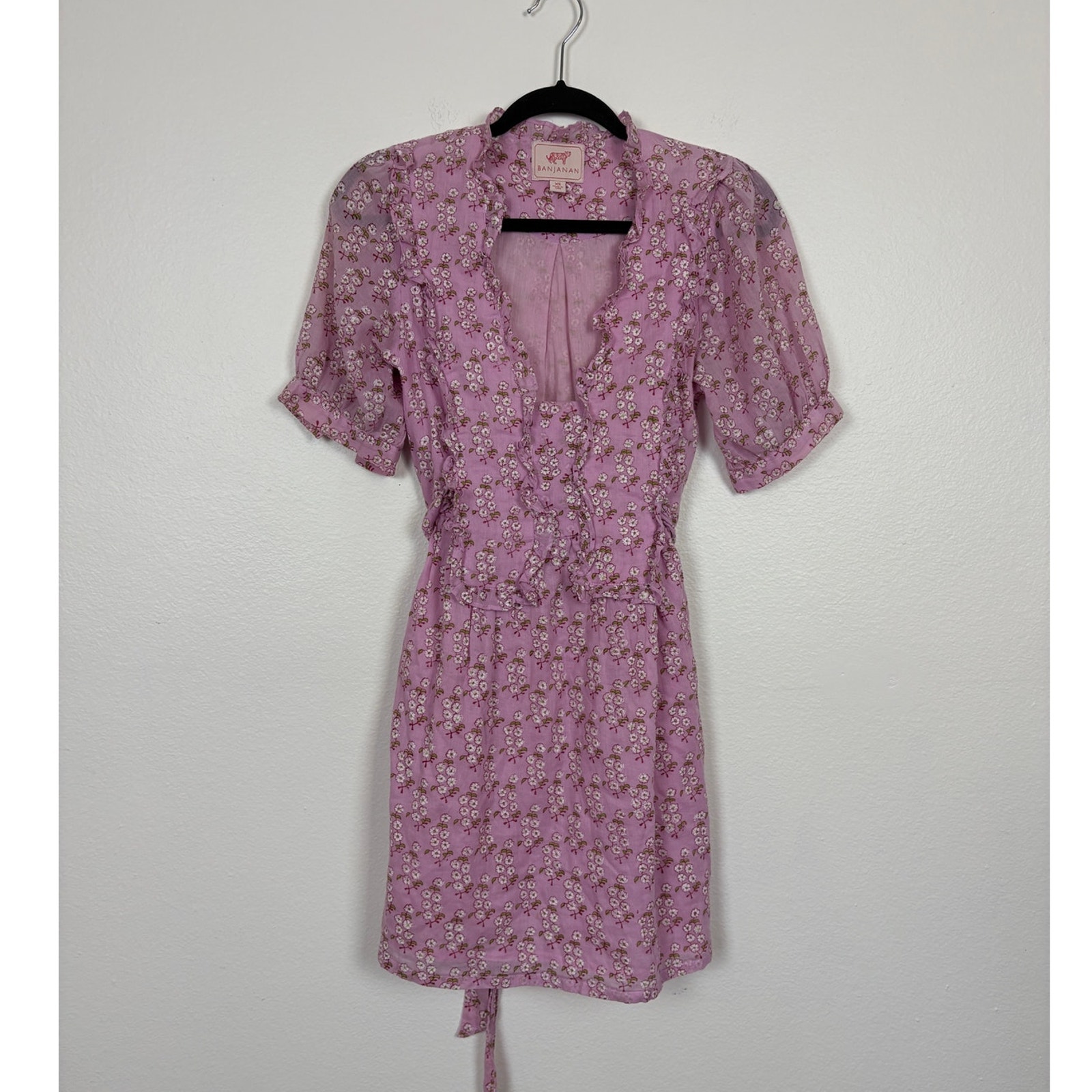 Banjanan Floral Ruffle Puff Sleeve Tie Waist Milk Maid A Line Mini Dress Xs